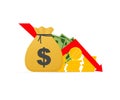 Money loss. Cash with down arrow stocks graph, concept of financial crisis, market fall. Vector illustration. Royalty Free Stock Photo